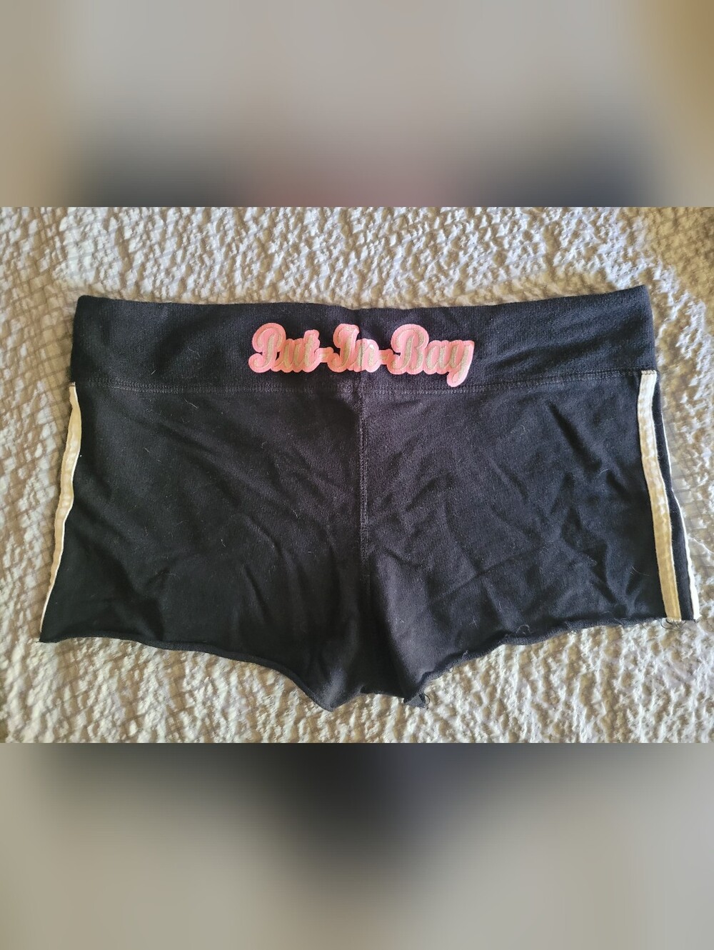 Lagaci Black Athletic Shorts with Pink Logo and White Side Stripes Put In Bay